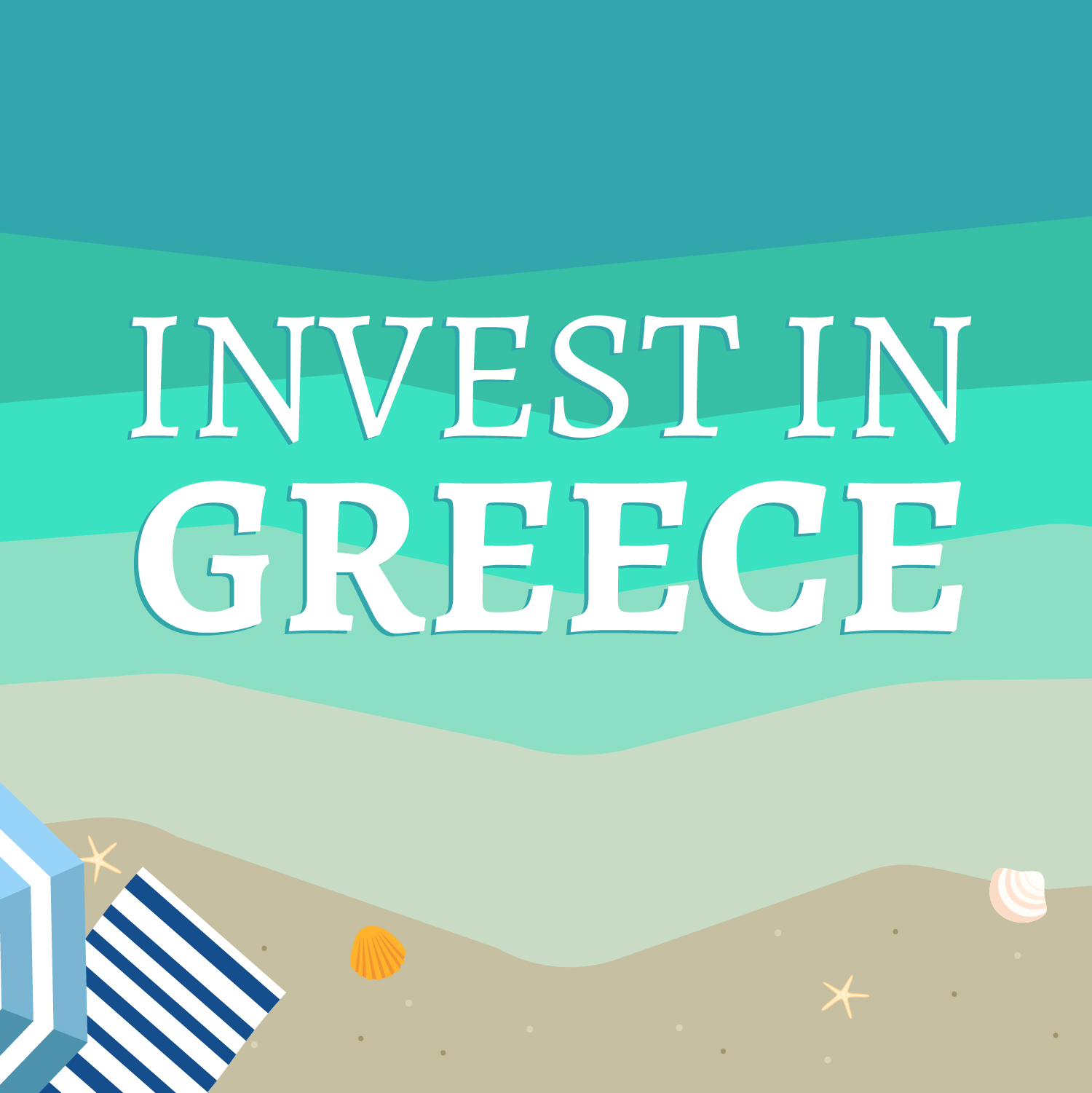 Illustration of a beach with text above that reads "Invest in Greece".